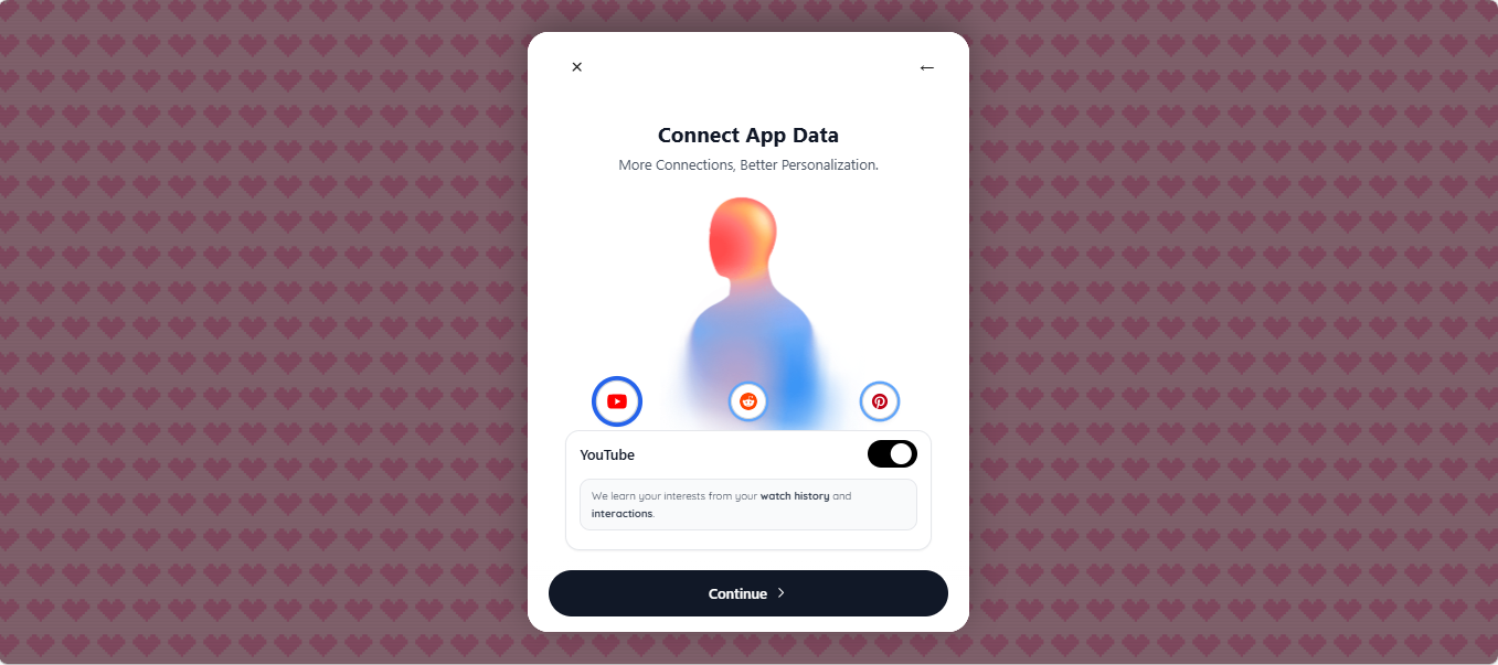 Onairos SDK showing data connectors - YouTube, Reddit, Pinterest and more