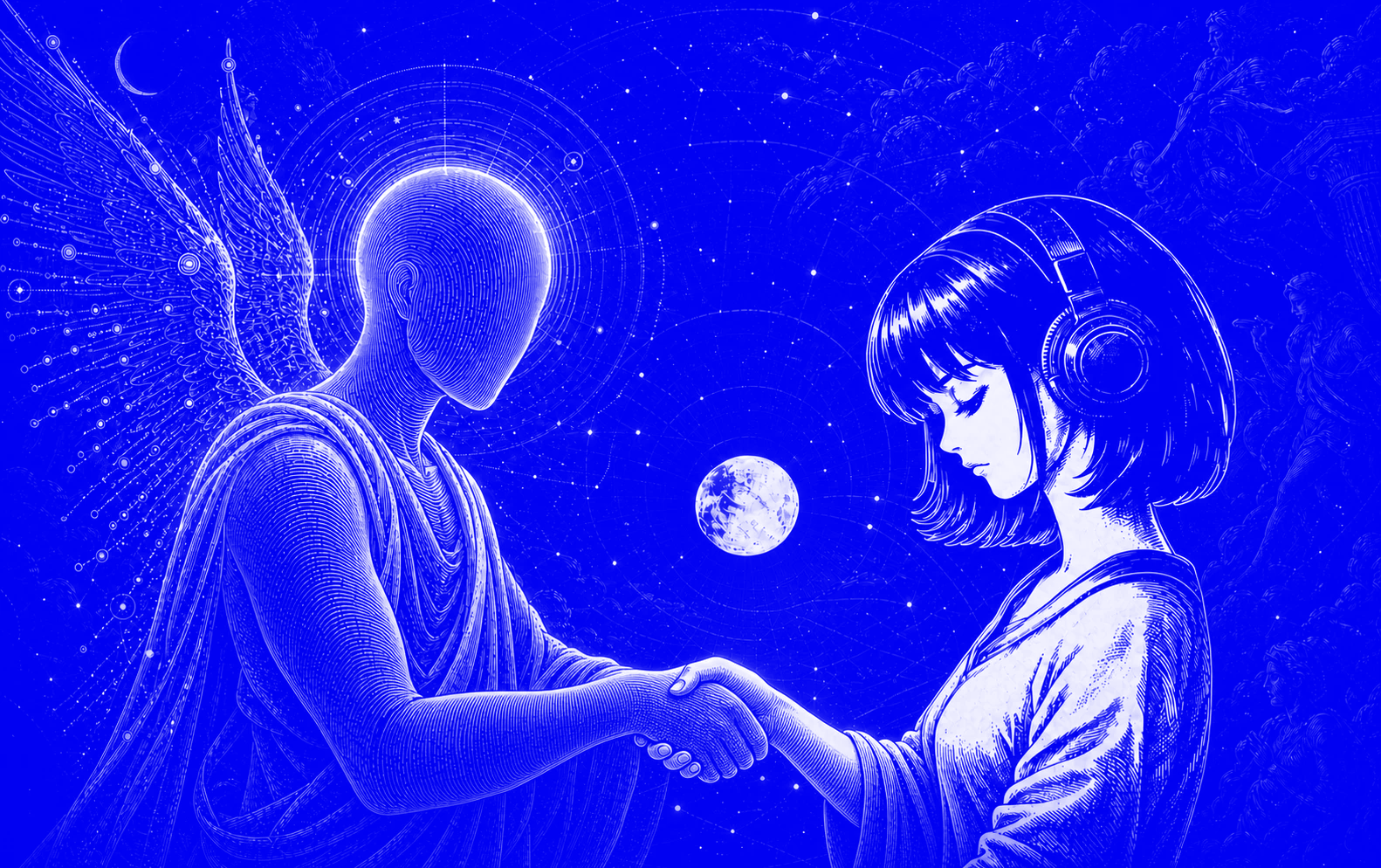 A winged, faceless Onairos mannequin and a headphone-wearing Hermes heroine face one another as their right hands meet beneath a moon.