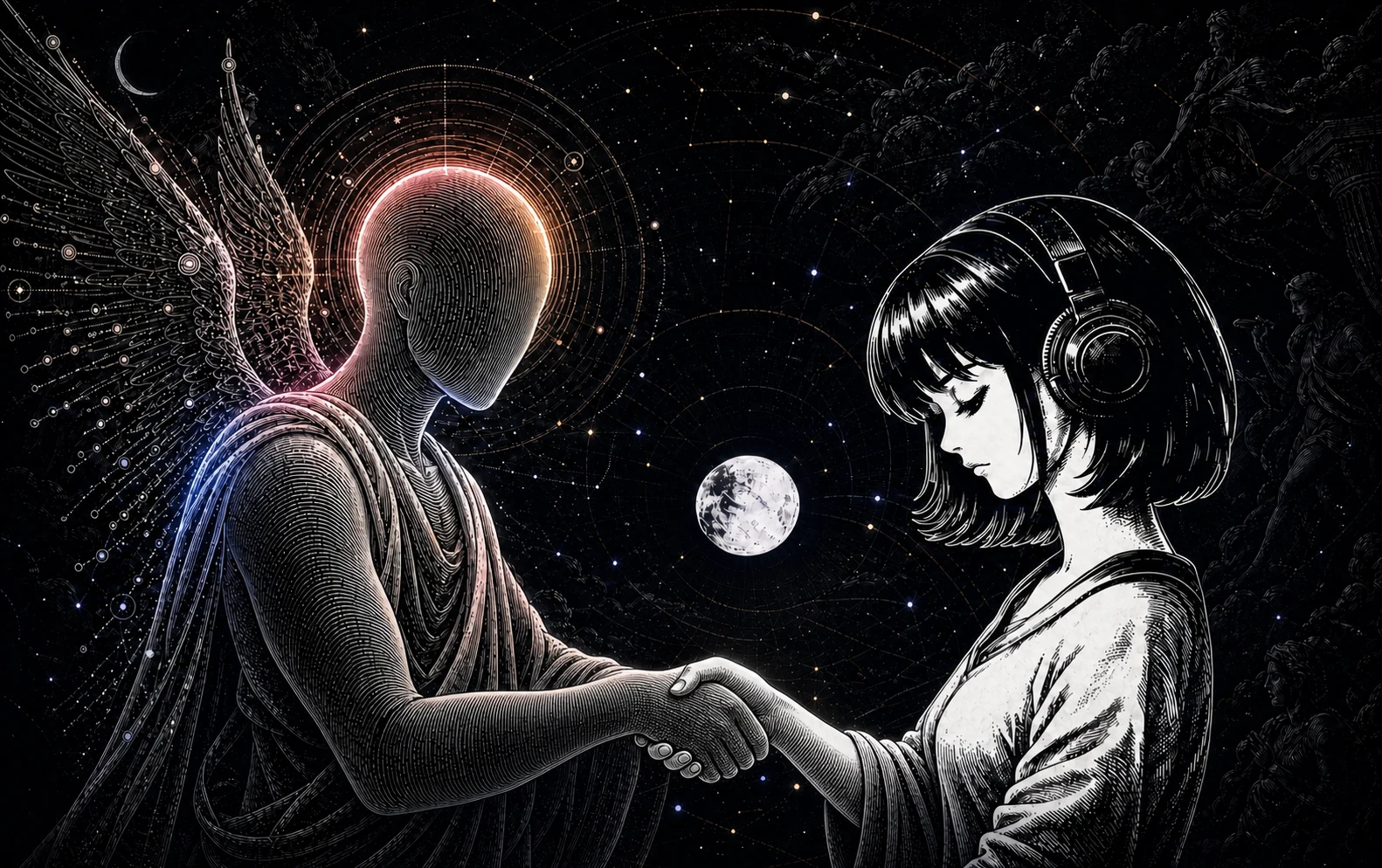 The winged Onairos mannequin and Hermes meet in a right-handed clasp beneath the moon.